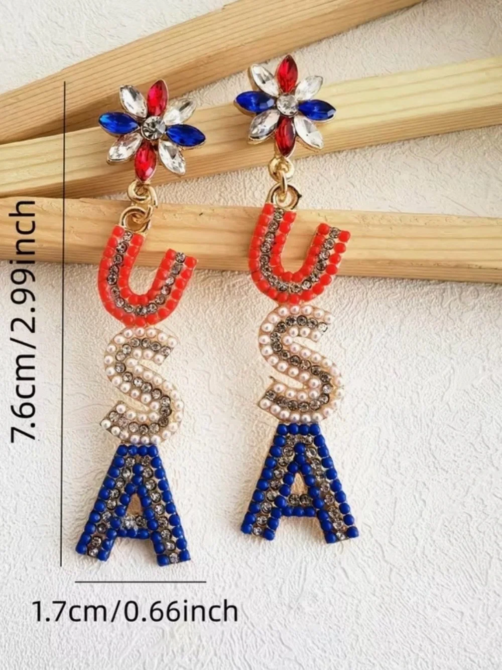 Patriotic USA Rhinestone Beaded Dangle Earrings Red White Blue July 4th NWT